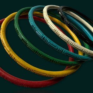 6 Vintage CHINESE CARVED Lacquer Bangle Bracelets Cinnabar Color Greek Key china